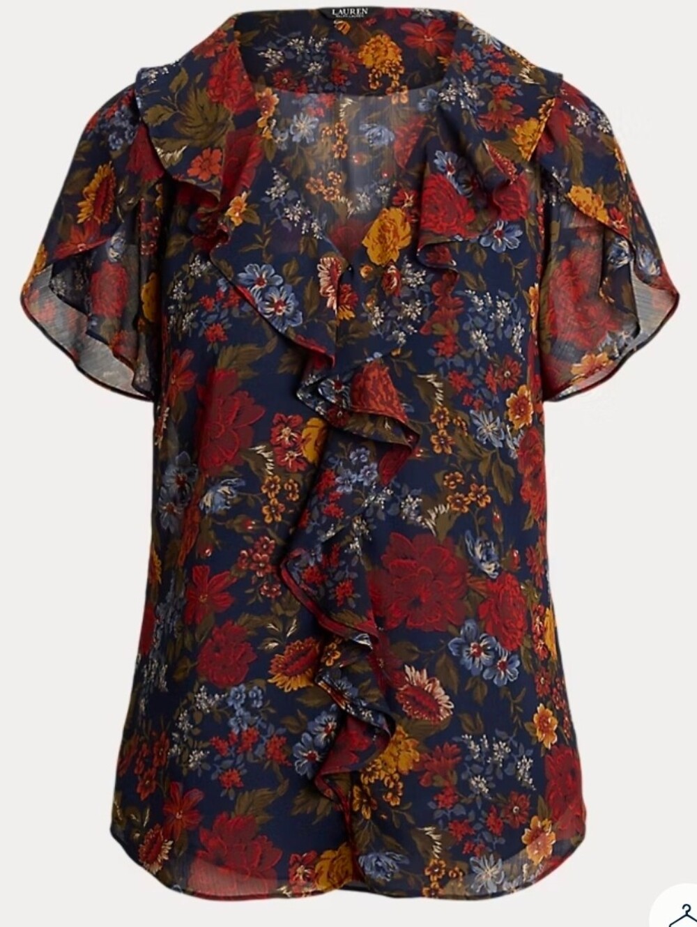 RALPH LAUREN Ruffle Trim Gorgette Blouse In Fall Colored Florals And Navy Sz Sm